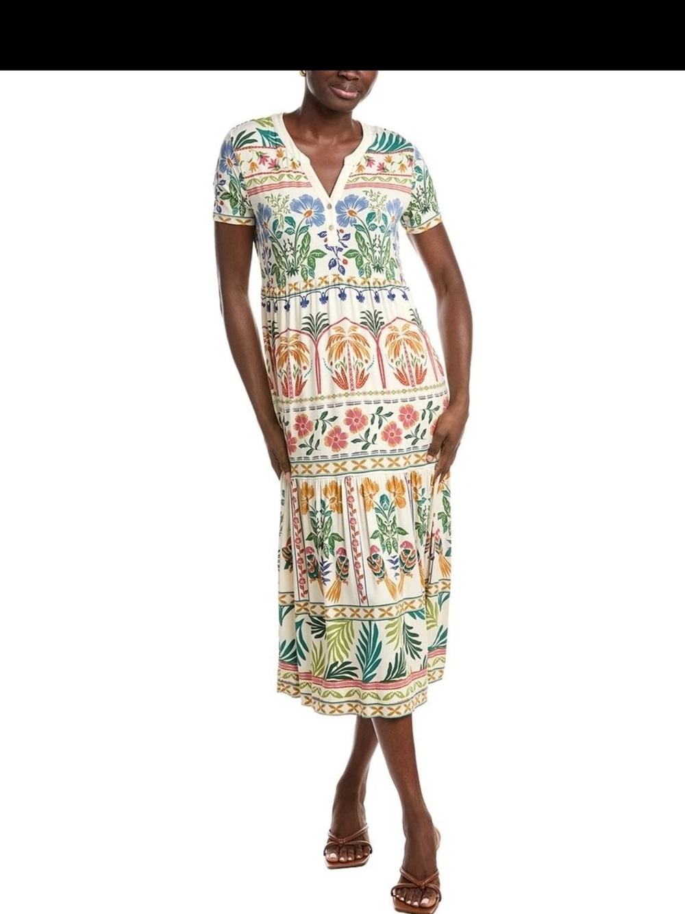 NWT Johnny Was Cream Midi Dress with Multicolor Floral Print Generous Size XS
